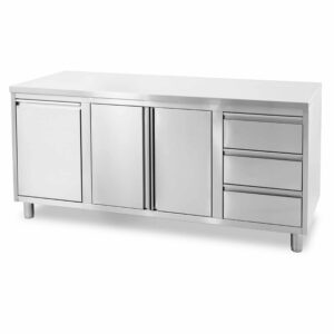 HCB Armoire de travail - porte pliante - 3 tiroirs - poubelle - 180 cm - inox