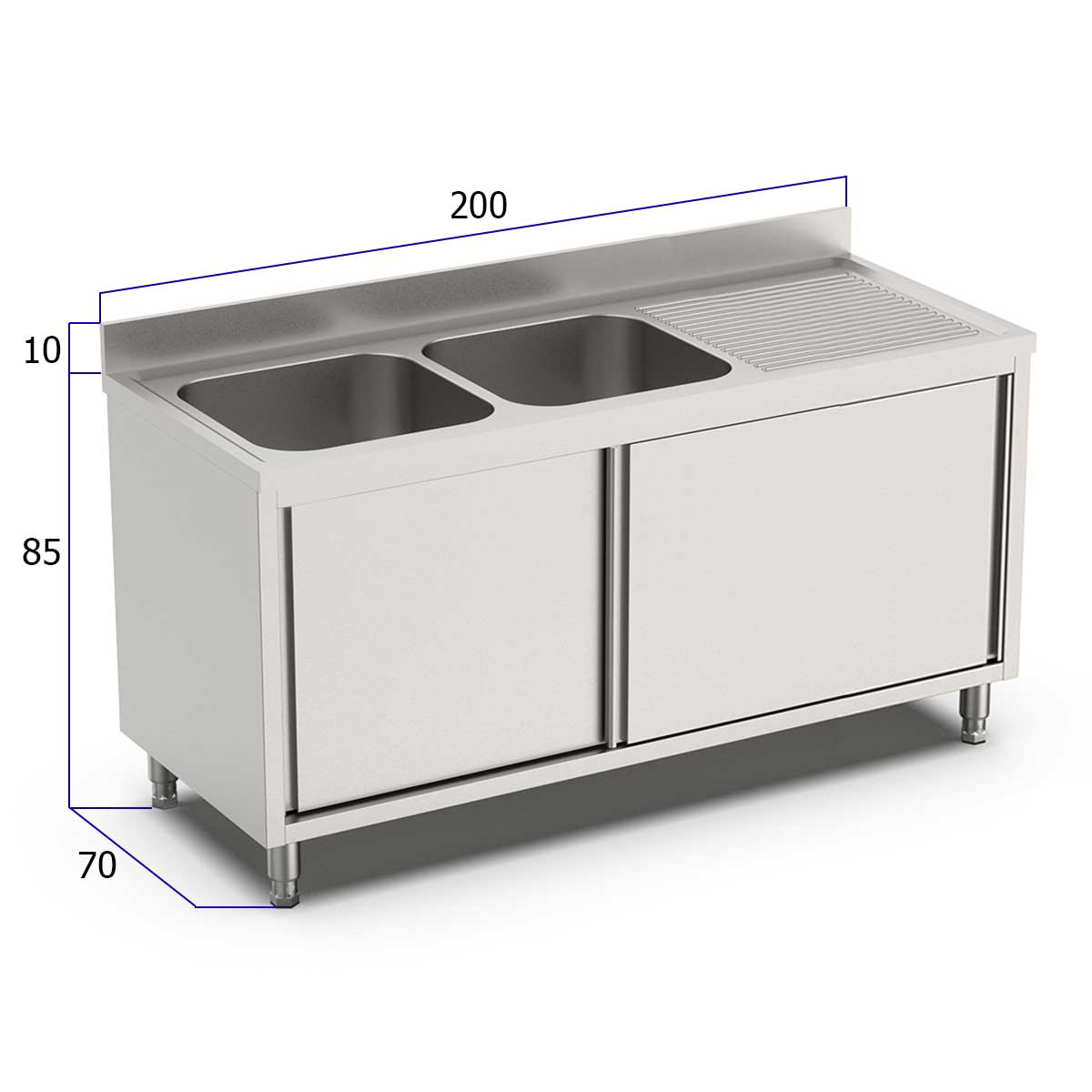 HCB Table d'évier - double évier à gauche - portes coulissantes - 200 cm - inox – Image 2