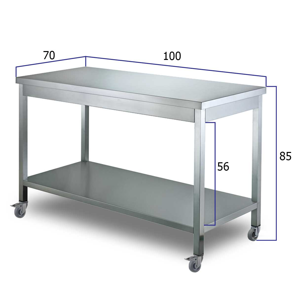 HCB Basic-line Table de travail - avec étagère inférieure - 100 x 70 x 85 cm - mobile - acier inoxydable – Image 2
