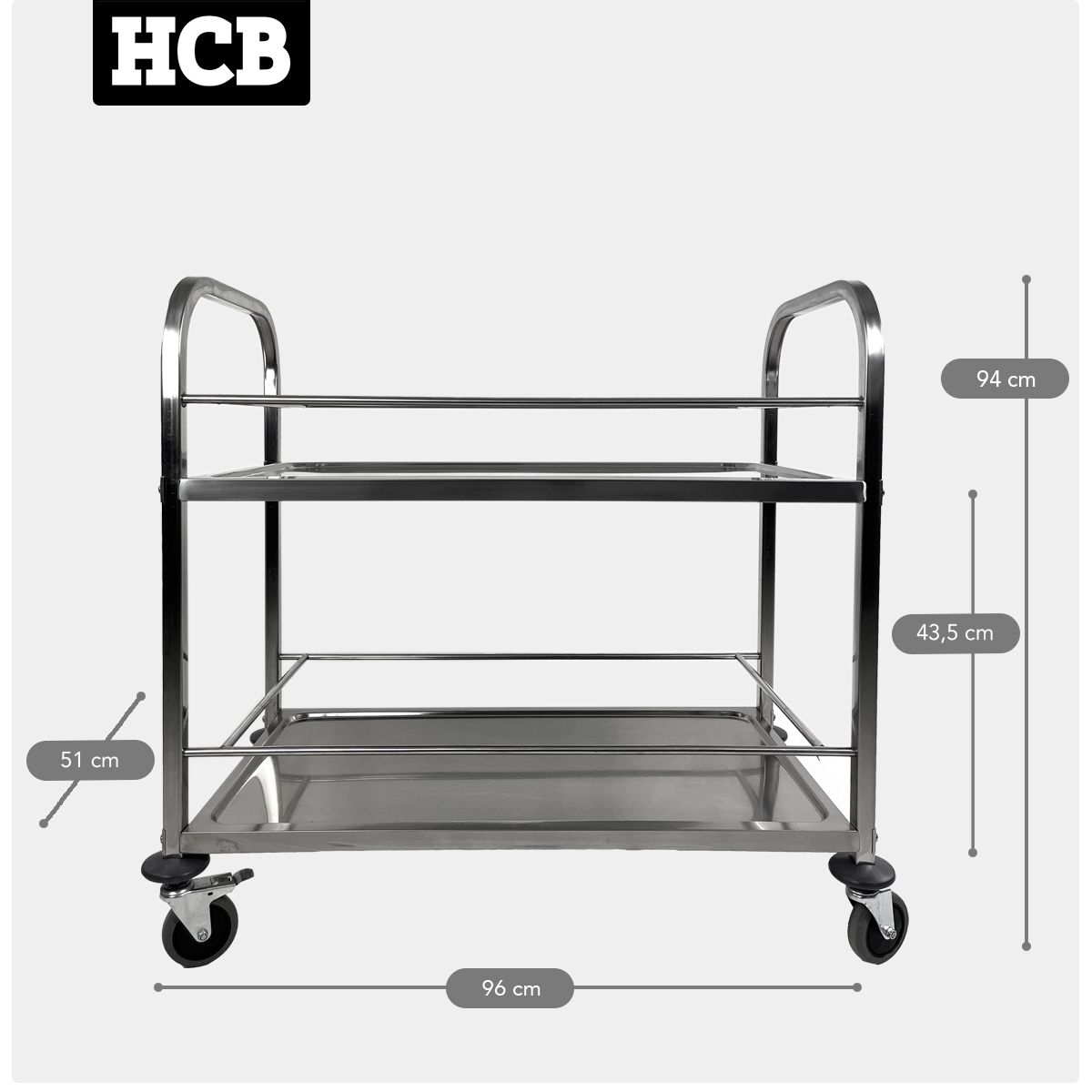 HCB Chariot de service - 2 étages - 95 cm - acier inoxydable