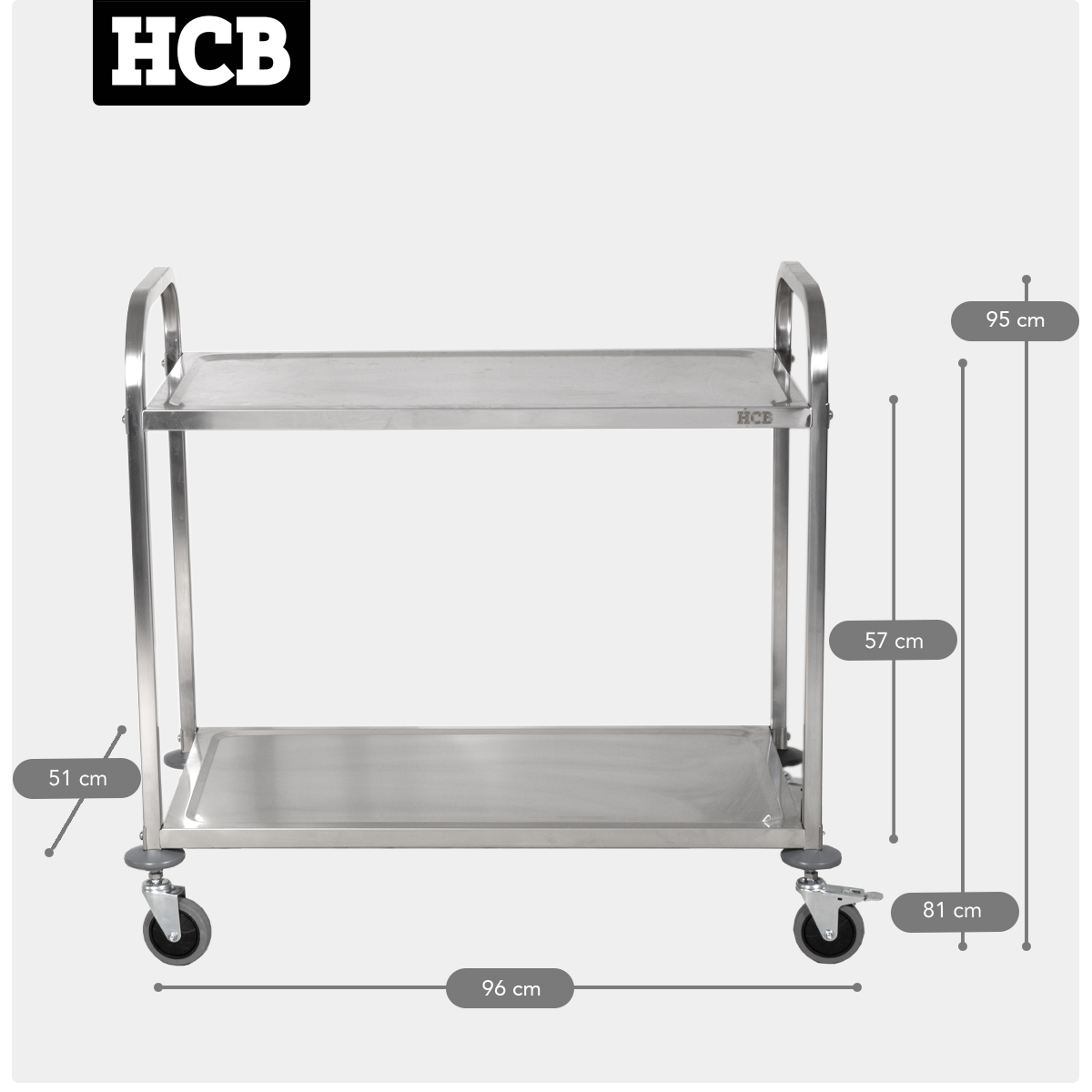 HCB Chariot de service - 2 étages - 95 cm - acier inoxydable