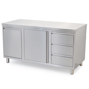 HCB Armoire de travail - porte pliante - 3 tiroirs - poubelle - 160 cm - inox