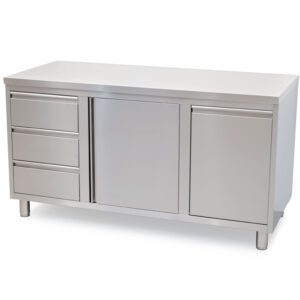 HCB Armoire de travail - porte pliante - 3 tiroirs - poubelle - 160 cm - inox