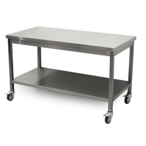 HCB Basic-line Table de travail - avec étagère inférieure - 140 x 70 x 85 cm - mobile - acier inoxydable