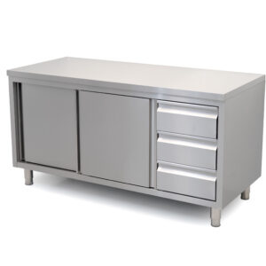HCB Armoire de travail - portes coulissantes - 3 tiroirs - 160 cm - inox