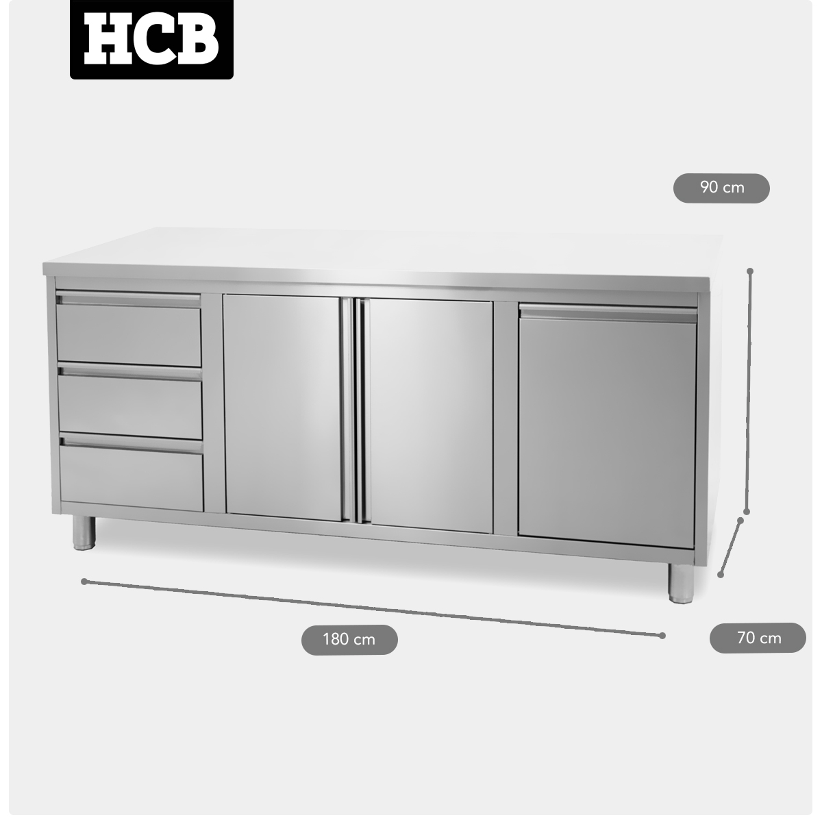 HCB Armoire de travail - porte pliante - 3 tiroirs - poubelle - 180 cm - inox