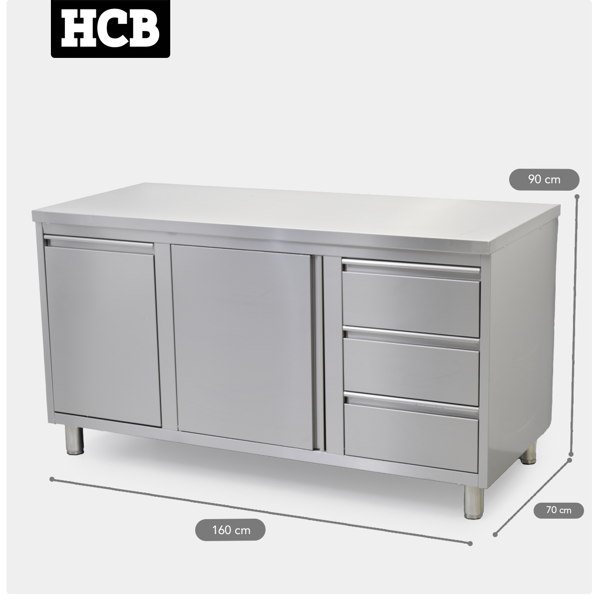 HCB Armoire de travail - porte pliante - 3 tiroirs - poubelle - 160 cm - inox