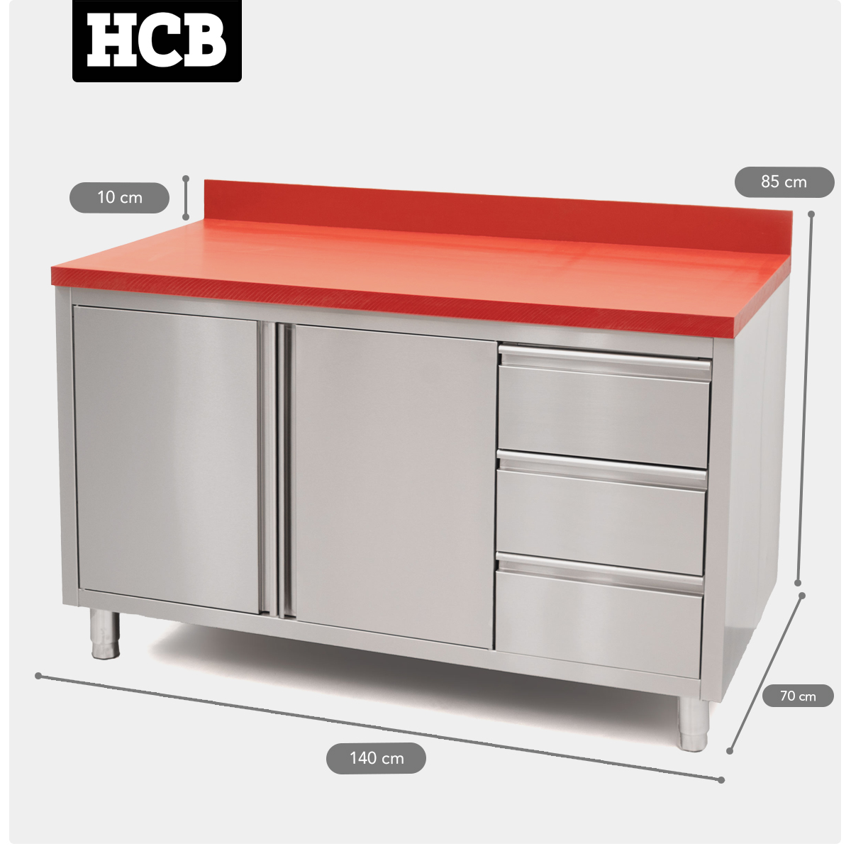 HCB Armoire de travail - table de découpe - portes pliantes - tiroirs - 140 cm - inox - Polyéthylène