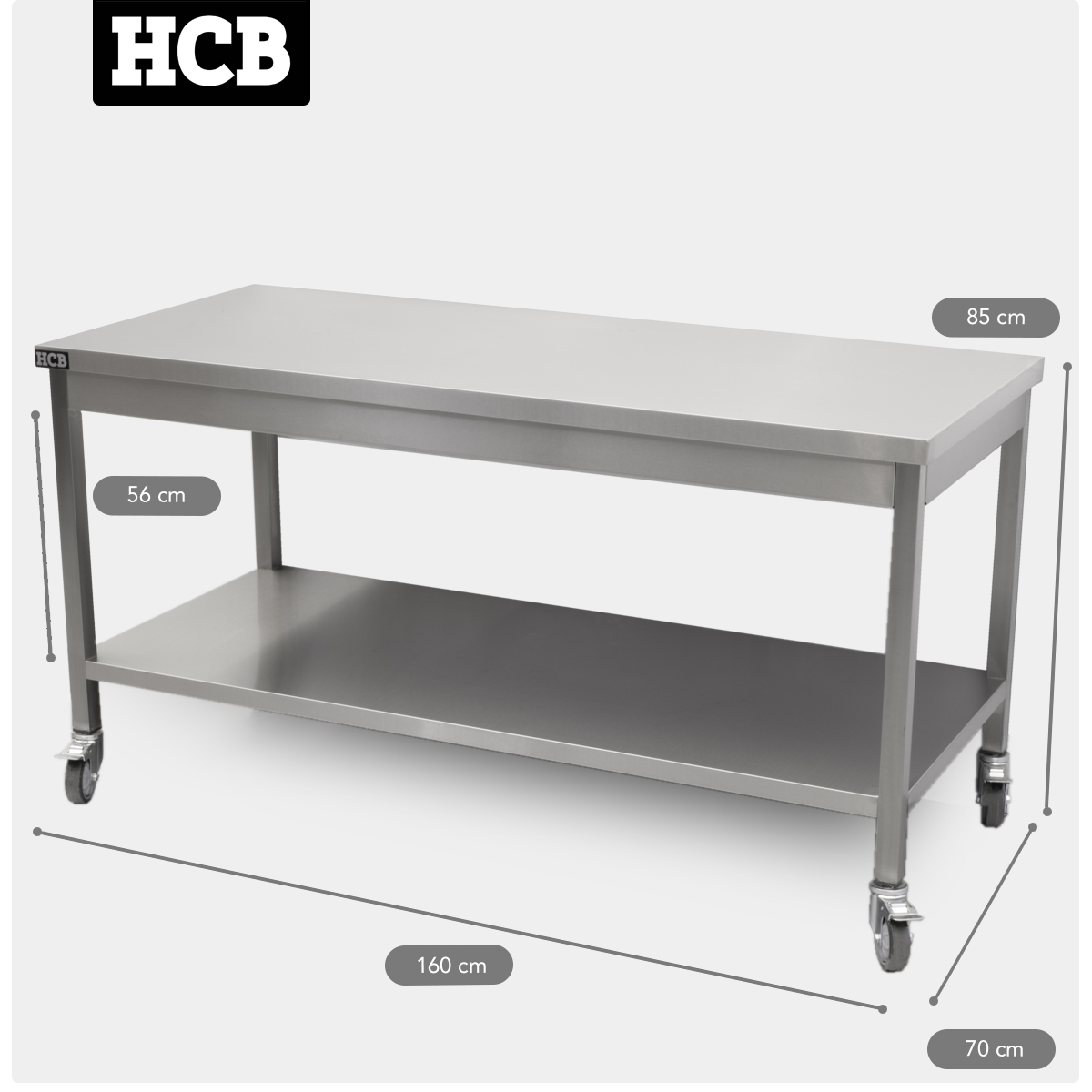 HCB Basic-line Table de travail - avec étagère inférieure - 160 x 70 x 85 cm - mobile - acier inoxydable